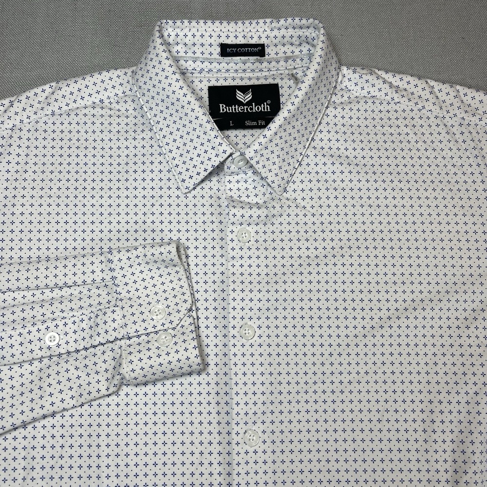 Buttercloth Men’s White Slim Fit Button-Down Shirt with Navy Micro Print